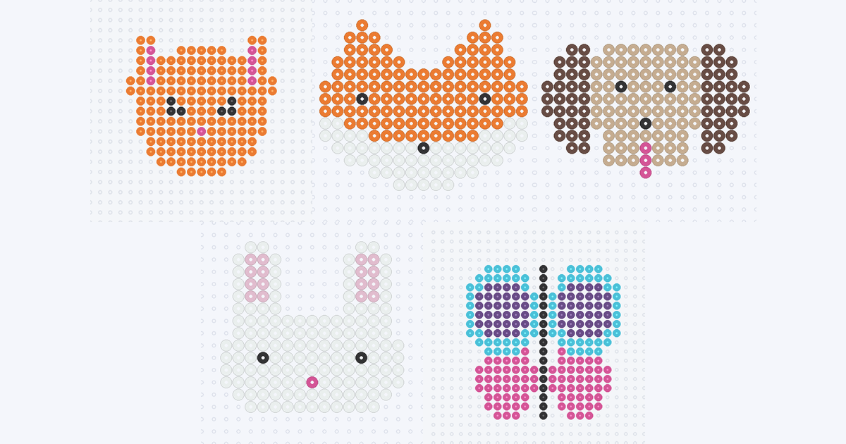 Five animal fuse-bead patterns in a row — a cat, a fox, a dog, a bunny and a butterfly — on pegboard grids.