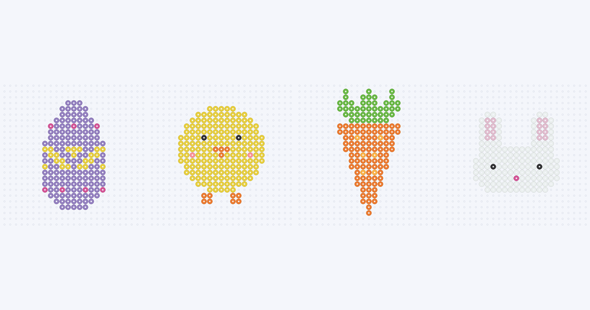 Four bead charts side by side on pegboard grids: a lavender Easter egg, a yellow chick, an orange carrot and a white bunny face.