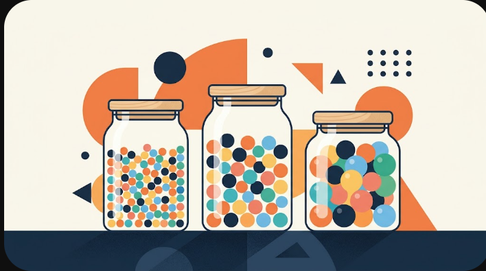 Three jars of colorful round fuse beads of different sizes.