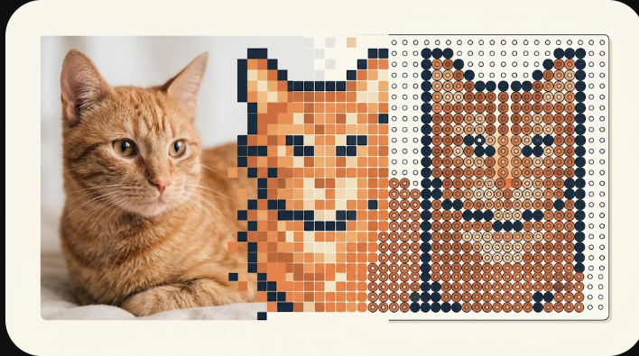 A photo of a cat transforming into a grid of round fuse beads.
