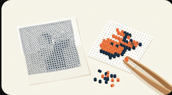 A printed bead-pattern chart beside a pegboard.