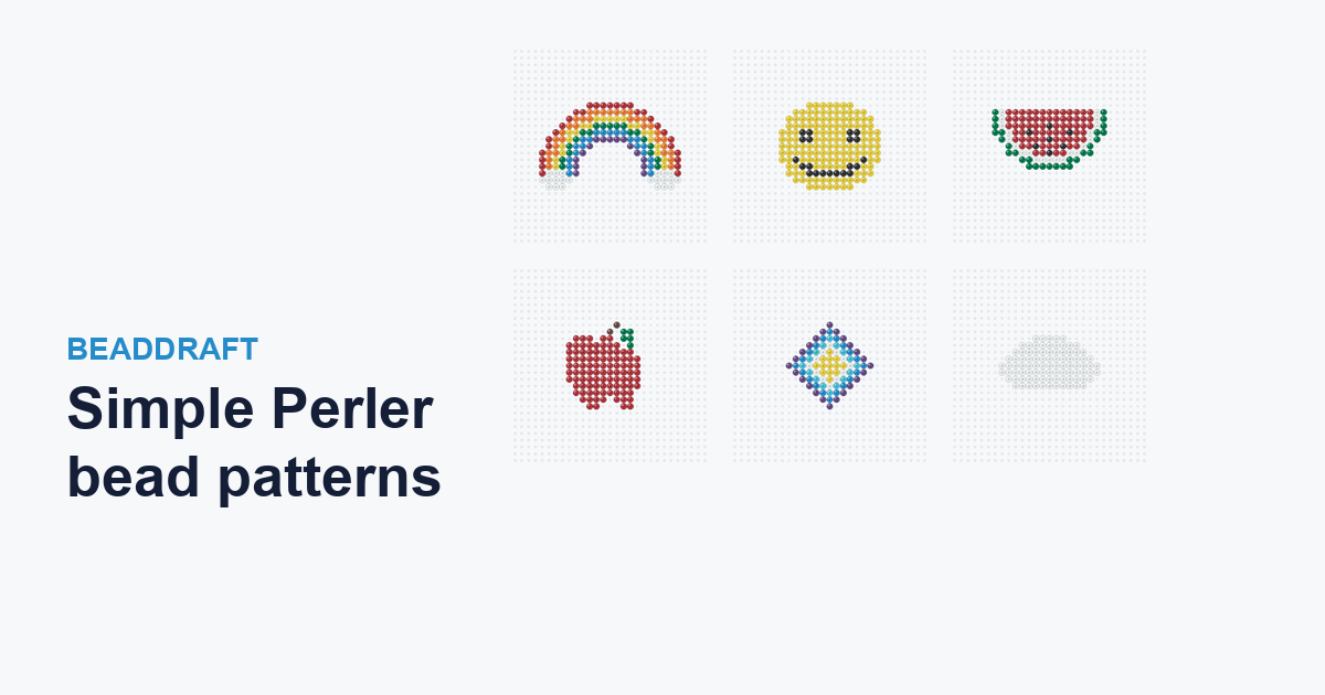 A set of simple fuse-bead patterns — a rainbow, smiley face, watermelon slice, apple, diamond and cloud — on pegboard grids.