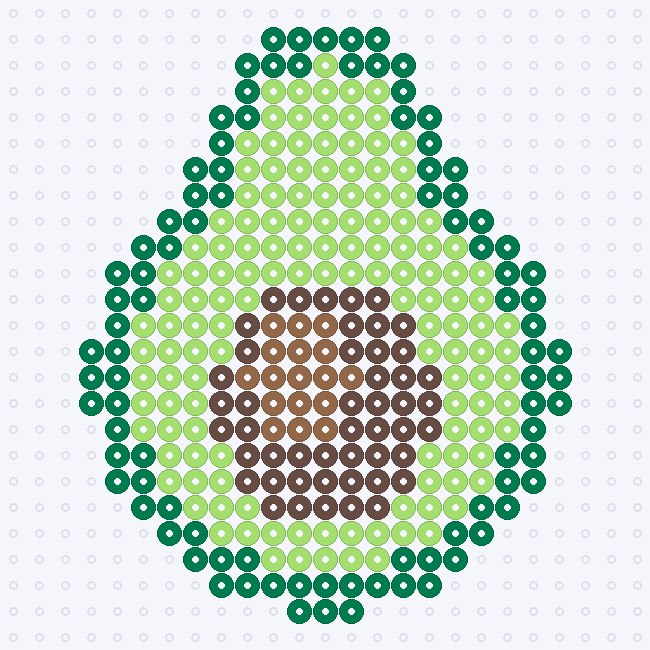 An avocado half with Dark Green skin, Sour Apple flesh and a Brown pit with a Light Brown highlight, on a pegboard grid.