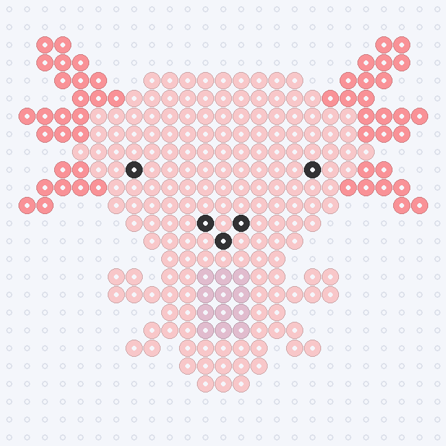 A Carnation Pink axolotl with branching Blush gills, a Light Pink belly and Black eyes and mouth, on a pegboard grid.