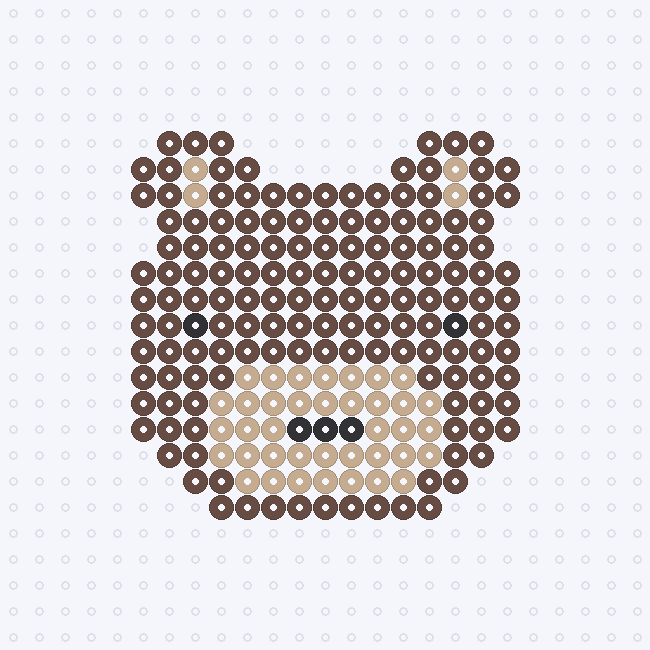 A brown bear face fuse-bead pattern with round ears, tan inner ears, black eyes, a tan muzzle and a black nose, on a pegboard grid.