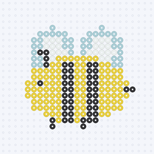 A Yellow bee with Black stripes, a Black eye and legs, and White wings edged in Robin's Egg, on a pegboard grid.