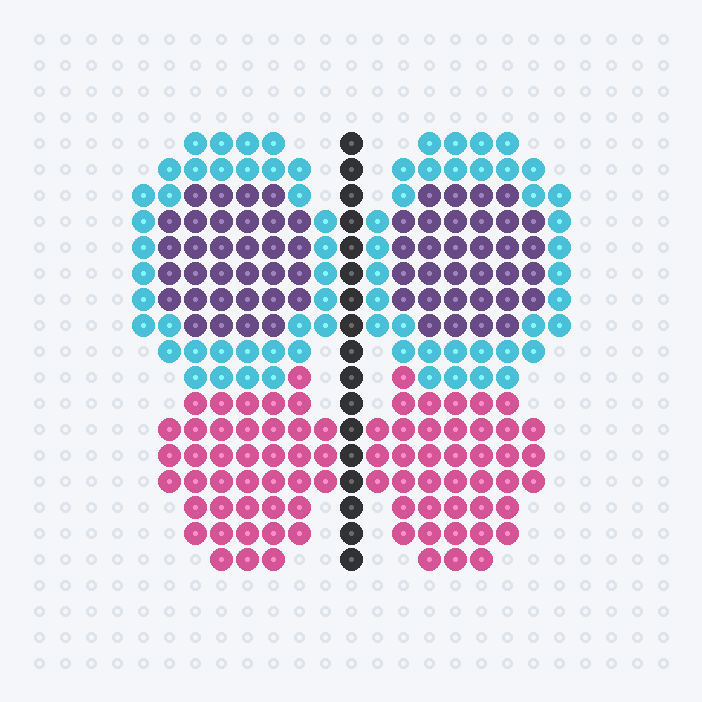 A symmetrical butterfly fuse-bead pattern in sky blue, purple and pink with a black body, on a pegboard grid.