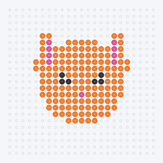 An orange cat face fuse-bead pattern with pointed ears, black eyes and a pink nose, on a pegboard grid.