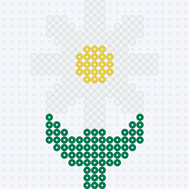 An eight-petal white daisy with a yellow center, dark green stem and mirrored leaves on a pegboard grid.