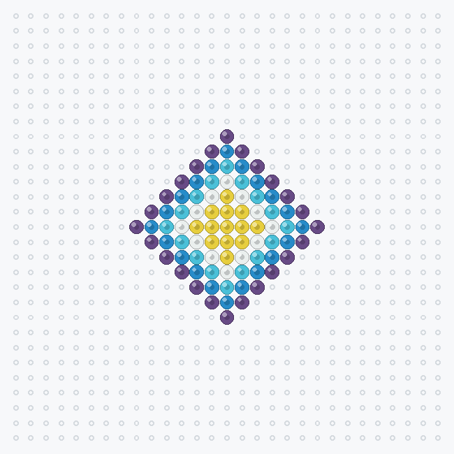 A concentric diamond fuse-bead pattern with rings of purple, blue, sky, white and a yellow center, on a pegboard grid.