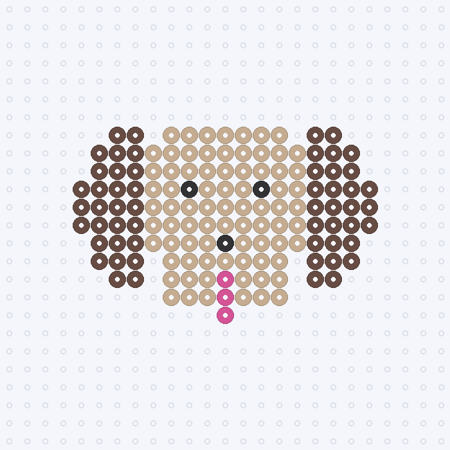 A puppy face fuse-bead pattern with tan face, brown floppy ears, black eyes and nose and a pink tongue, on a pegboard grid.