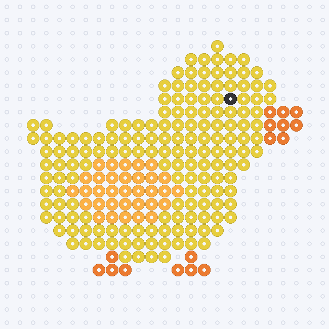 A Yellow duck with a Cheddar wing, an Orange bill and feet, and a Black eye, facing right, on a pegboard grid.