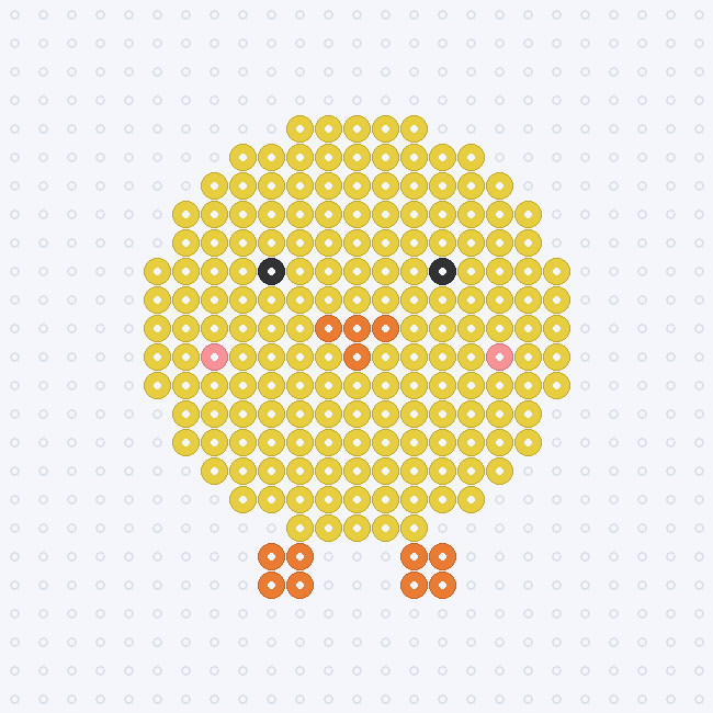 A round yellow chick with two black eyes, an orange beak, pink cheeks and two orange feet, as a fuse-bead pattern on a pegboard grid.