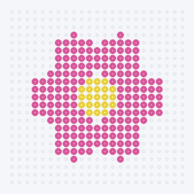 A pink six-petal flower with a yellow center as a fuse-bead pattern on a pegboard grid.
