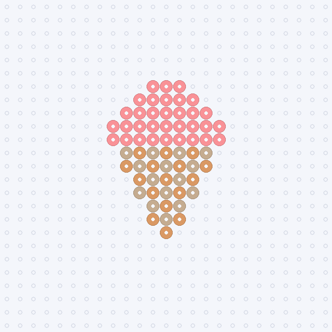 A pink ice cream scoop on top of a tan waffle cone as a fuse-bead pattern on a pegboard grid.