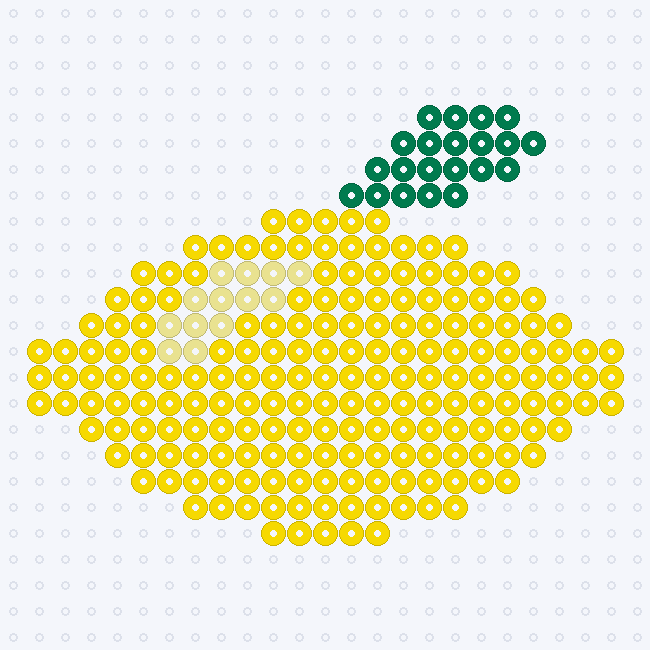 A Lemon-colored whole fruit with pointed ends, a Pastel Yellow highlight and a Dark Green leaf, on a pegboard grid.