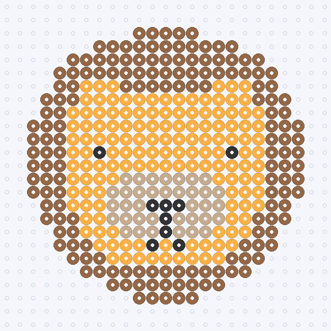 A lion face with a Light Brown mane, a Cheddar face, a Tan muzzle and Black eyes, nose and mouth, on a pegboard grid.
