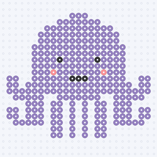 A Pastel Lavender octopus with a rounded head, curling arms, Black eyes and mouth, and Blush cheeks, on a pegboard grid.