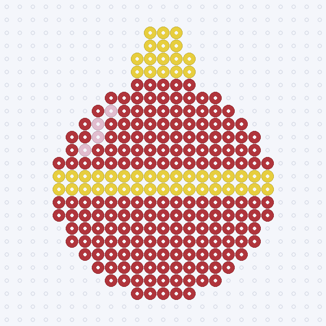 A round red Christmas bauble fuse-bead pattern with a yellow band across the middle, a yellow cap on top and a pale-pink highlight, on a pegboard grid.