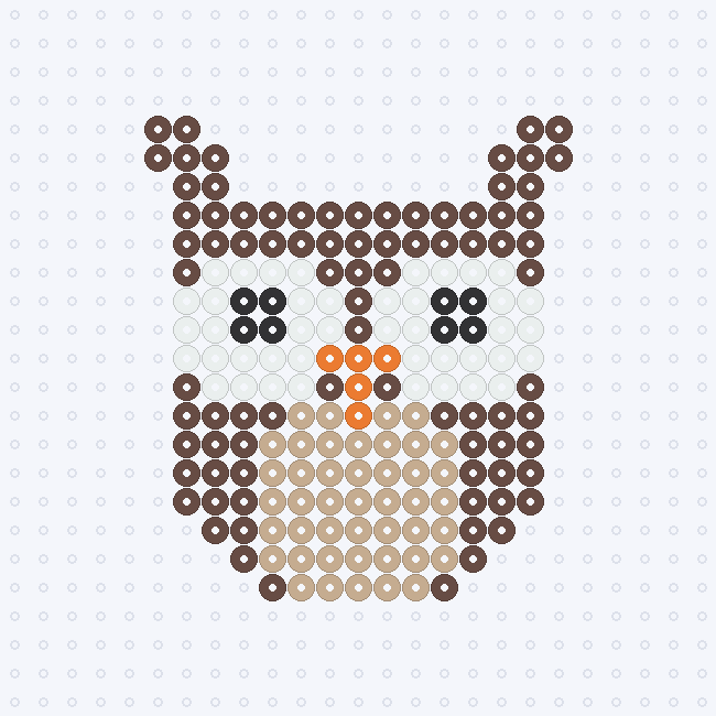 An owl fuse-bead pattern with a brown body and ear tufts, large white eyes with black pupils, an orange beak and a tan belly, on a pegboard grid.