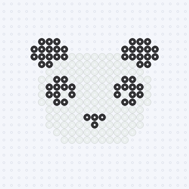A panda face fuse-bead pattern with round black ears, black eye patches with a white highlight and a black nose, on a pegboard grid.