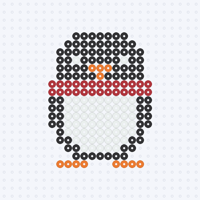 A penguin fuse-bead pattern with a black head and back, a white belly, an orange beak and feet and a red scarf, on a pegboard grid.