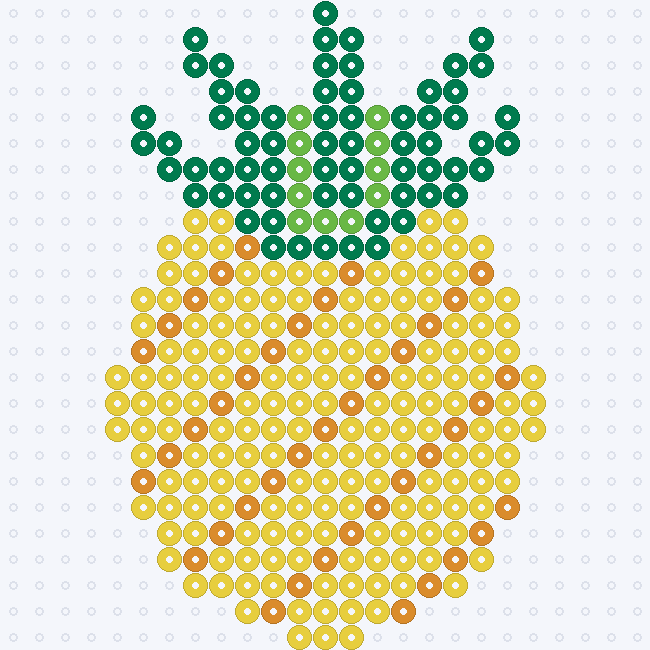 A Yellow pineapple with diagonal Honey skin marks and a pointed Dark Green crown with Kiwi Lime accents, on a pegboard grid.