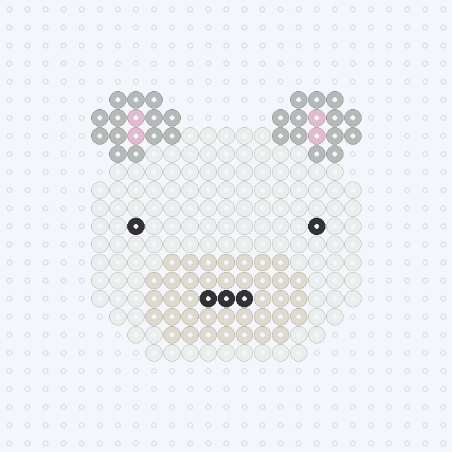 A white polar bear face fuse-bead pattern with grey ears, pale-pink inner ears, black eyes, a cream muzzle and a black nose, on a pegboard grid.
