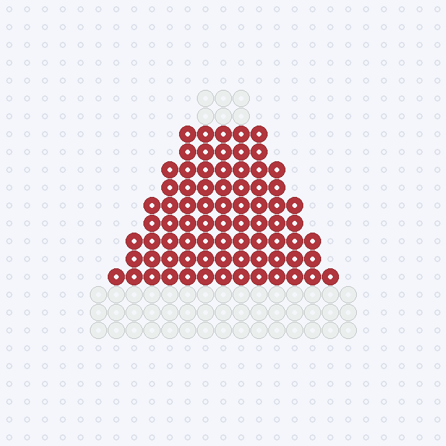 A red Santa hat fuse-bead pattern with a white pompom at the tip and a white brim, on a pegboard grid.