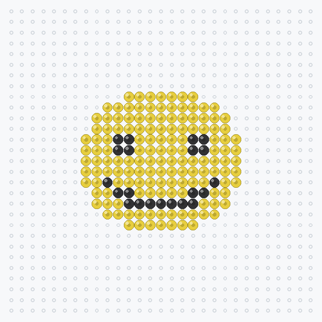 A yellow smiley face fuse-bead pattern with two black eyes and a black curved smile, on a pegboard grid.