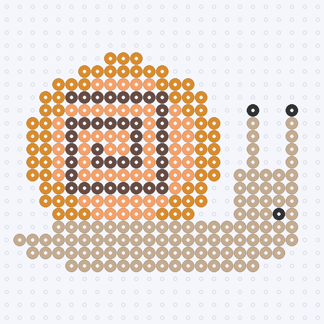 A Tan snail with Black eyes on tall stalks and a Honey and Apricot shell with a Brown spiral, on a pegboard grid.