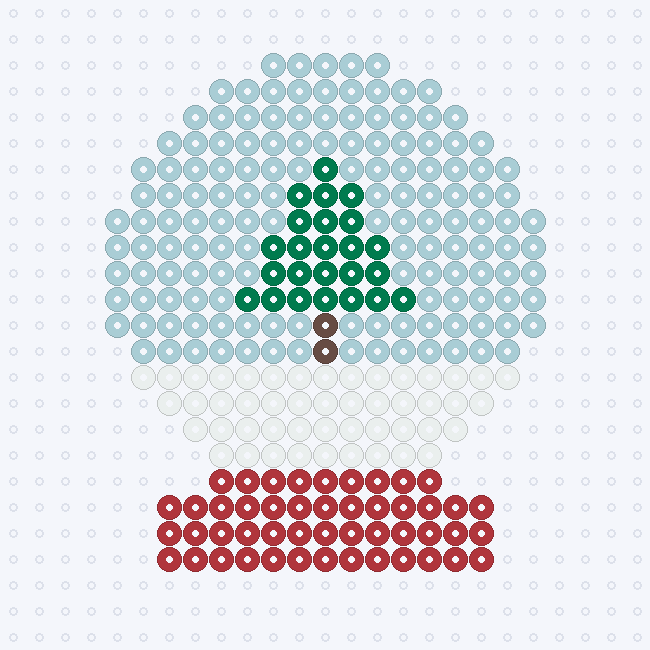A snow globe fuse-bead pattern with a pale blue glass dome, a green tree with a brown trunk, a white snowy floor and a red base, on a pegboard grid.