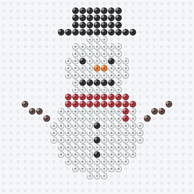 A white snowman fuse-bead pattern with a black top hat, orange carrot nose, red scarf, coal buttons and twig arms, on a pegboard grid.