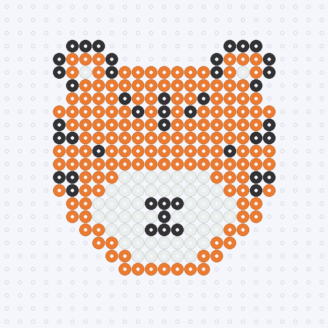 An Orange tiger face with Black stripes, White inner ears and muzzle, and Black facial details, on a pegboard grid.