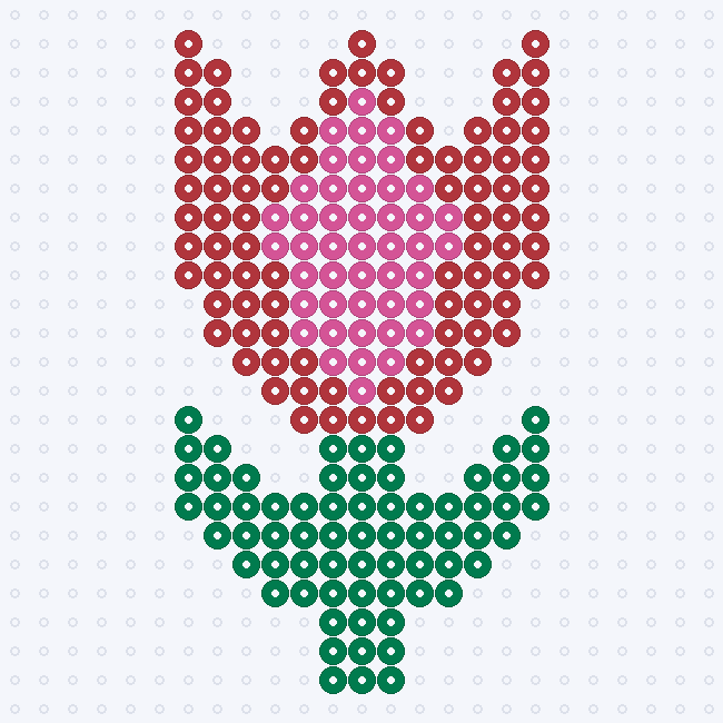 A red tulip with a pink middle petal, dark green stem and two mirrored leaves on a pegboard grid.