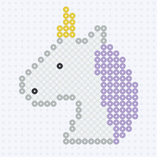 A generic unicorn head with a White face, Light Grey edge, Lavender mane, Yellow horn and Black eye and nostril, on a pegboard grid.