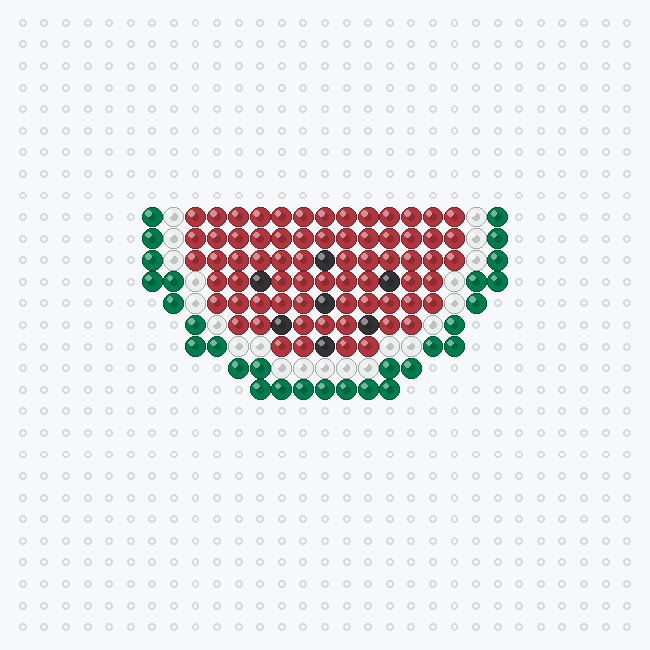 A watermelon slice fuse-bead pattern with red flesh, black seeds, a white layer and a dark green rind along the curved bottom, on a pegboard grid.